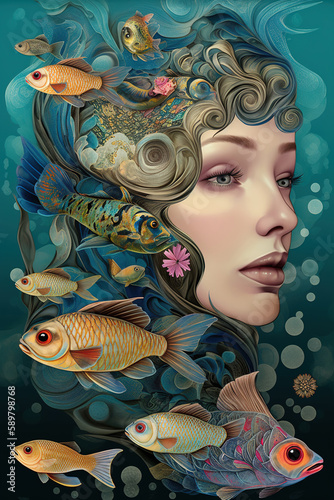 Aquatic Fantasy: Women's Face and Exotic Fishes in a Vividly Colored Pool. Generative ai.