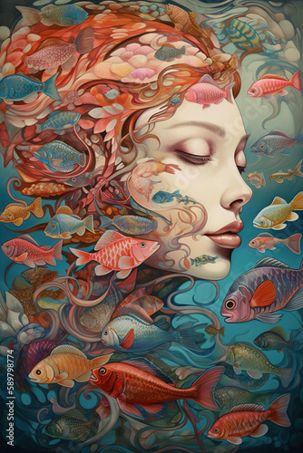 Feminine Grace Meets Aquatic Beauty: Woman's Face in a Colorful Fish Pool. Generative ai.