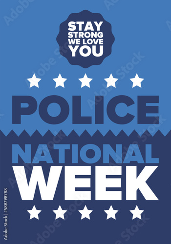 National Police Week in May. Celebrated annual in United States. In honor of the police hero. Police badge and patriotic elements. Officers Memorial Day. Poster, card, banner. Vector illustration