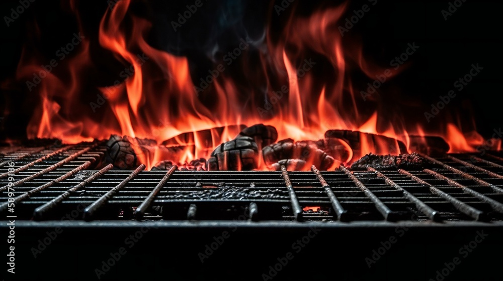 Hot grill grate with flames and smoke, created using Generative AI technology Hot grill grate with flames and smoke, created using Generative AI technology