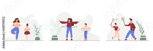 Set of colored cartoon characters of people having regular physical activity. Time for sports. Doing morning exercises. Healthy and active lifestyle. Vector