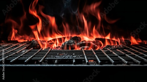 Hot grill grate with flames and smoke, created using Generative AI technology