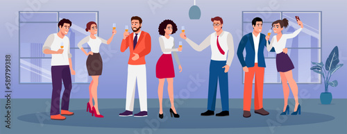 Set of cartoon characters of coworkers raising champagne glasses. Positive colleagues celebrating event together. Having fun at office party. Group of coworkers spending time together. Vector