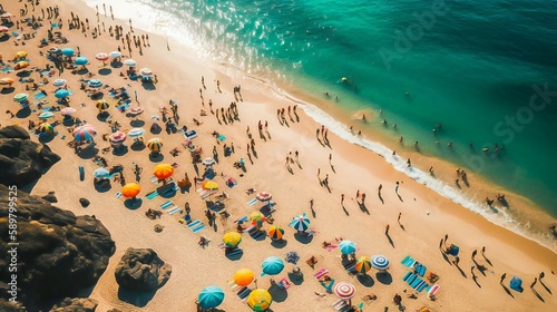 Crowded beach during summer time seen from above on a sunny day, created using Generative AI technology © Bartlomiej