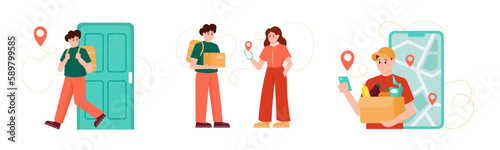 Set of cartoon characters of young men working as food couriers. Process of delivering parcels to different locations. Express delivery services to home or office. Vector