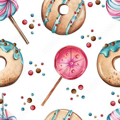 Seamless watercolor pattern. Donuts and lollipops on a white background. Sweets, pastries, sweets.