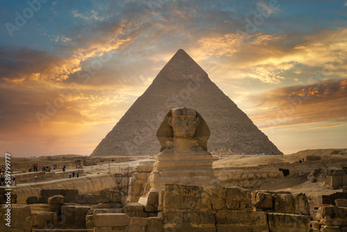 The Great Sphinx of Giza and the Pyramid of Khafreat sunset, Egypt. photo