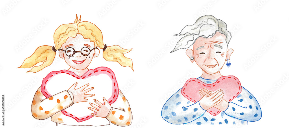 A girl with red hair in glasses hugs a heart and an elderly woman with gray hair and a piercing in her ear in a blue sweater hugs a heart. Self love concept. Hand drawn watercolor illustration A girl with red hair in glasses hugs a heart and an elderly woman with gray hair and a piercing in her ear in a blue sweater hugs a heart. Self love concept. Hand drawn watercolor illustration