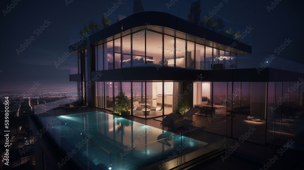 Obraz premium Luxurious penthouse with panoramic city views. Pool