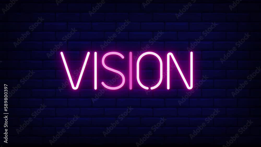 vision neon light text on brick wall background motion animation. Glowing large text concept looping animation. vision neon light text on brick wall background motion animation. Glowing large text concept looping animation.
