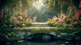 Natural garden landscape,stream, lush rich foliage flowers.Use for product presentation and banner.Generative AI