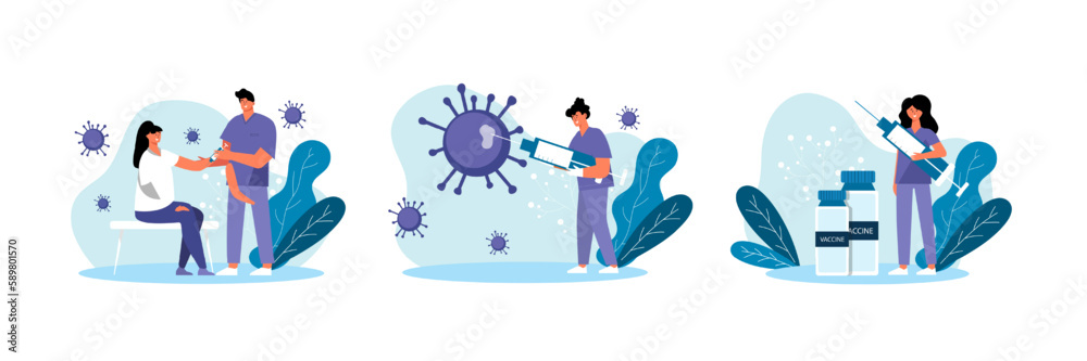 Set of different cartoon characters making vaccines. Process of boosting immune system health using vaccination. Flu, influenza or coronavirus protection. Vector Set of different cartoon characters making vaccines. Process of boosting immune system health using vaccination. Flu, influenza or coronavirus protection. Vector