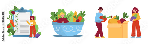 Set of cartoon characters of young people eating healthy food. Fruits and vegetables as sources of energy. Idea of vegetarian diet. Process of weight loss. Vector