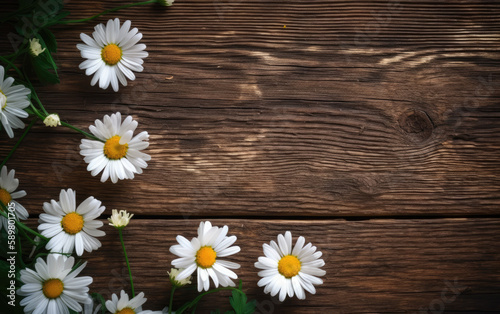 Daisy flowers on wooden background. Top view with copy space. Generative AI © Barosanu