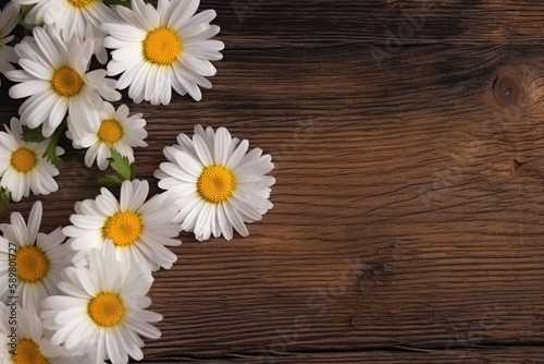White daisies on a wooden background with space for text. Generative AI © Barosanu