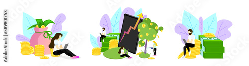 Set of cartoon characters of young people investing their money. Finance growth and budget management. Revenue and income. Way to financial success. Vector