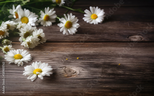 Chamomile flowers on a wooden background with copy space. Generative AI © Barosanu