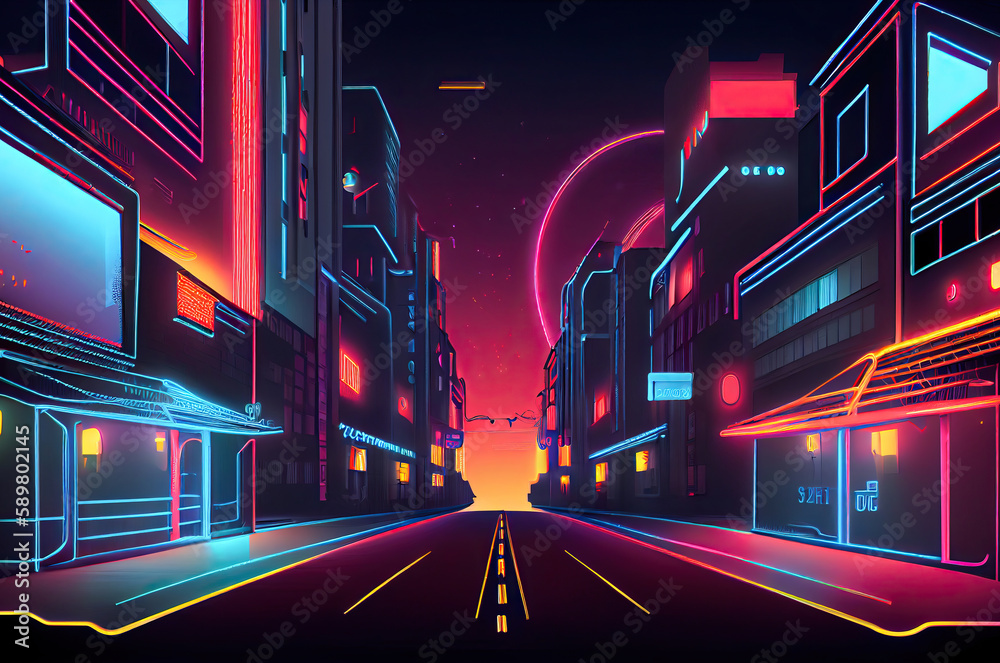 Fototapeta premium Metaverse Cyberpunk Style City , Neon Lighting On Building Exteriors