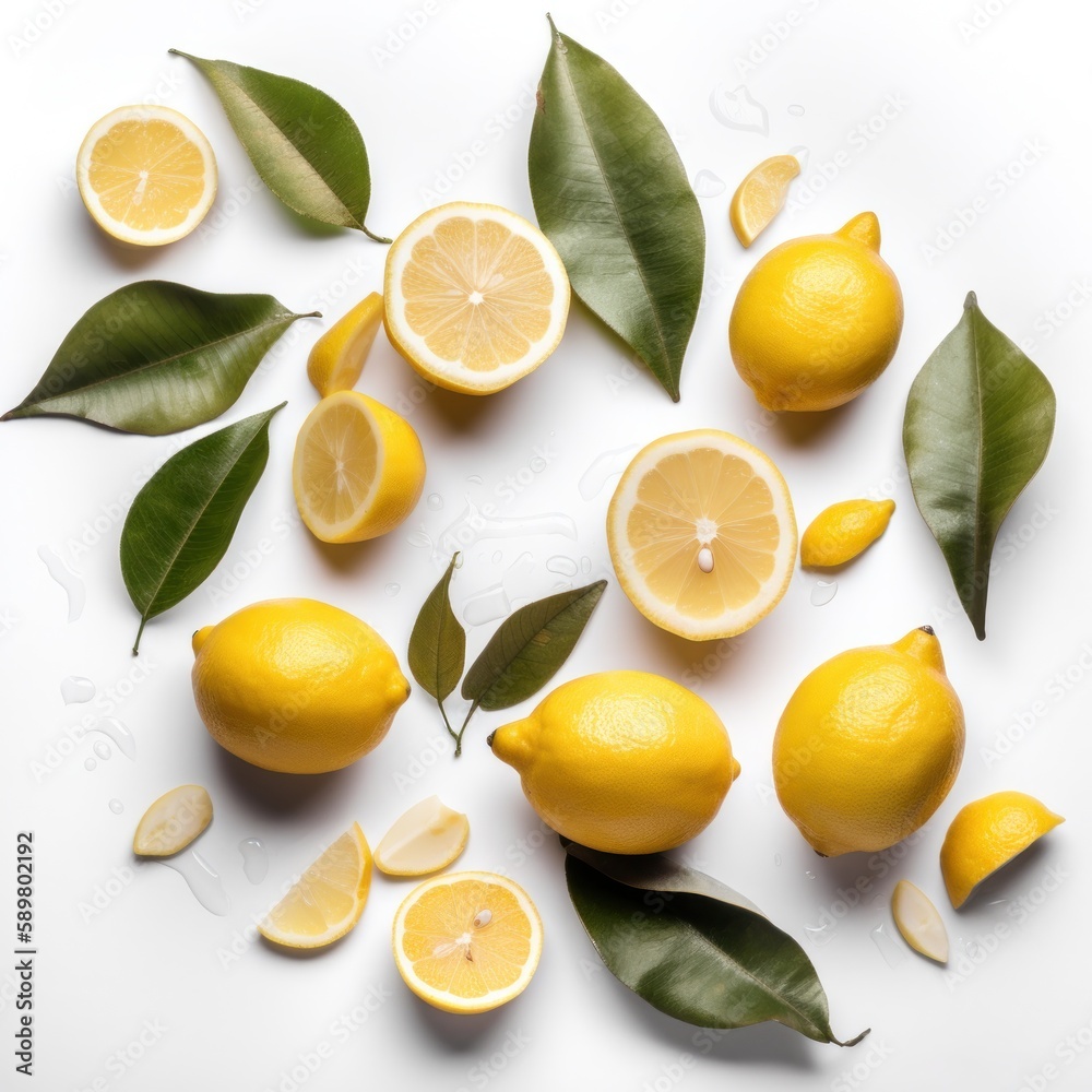 lemons and leaves on a white background - Generated by Generative AI