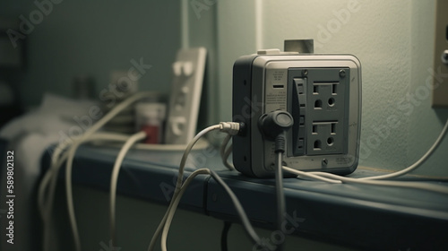 power cord plugged into electrical outlet on insulated wall in hospital room photo