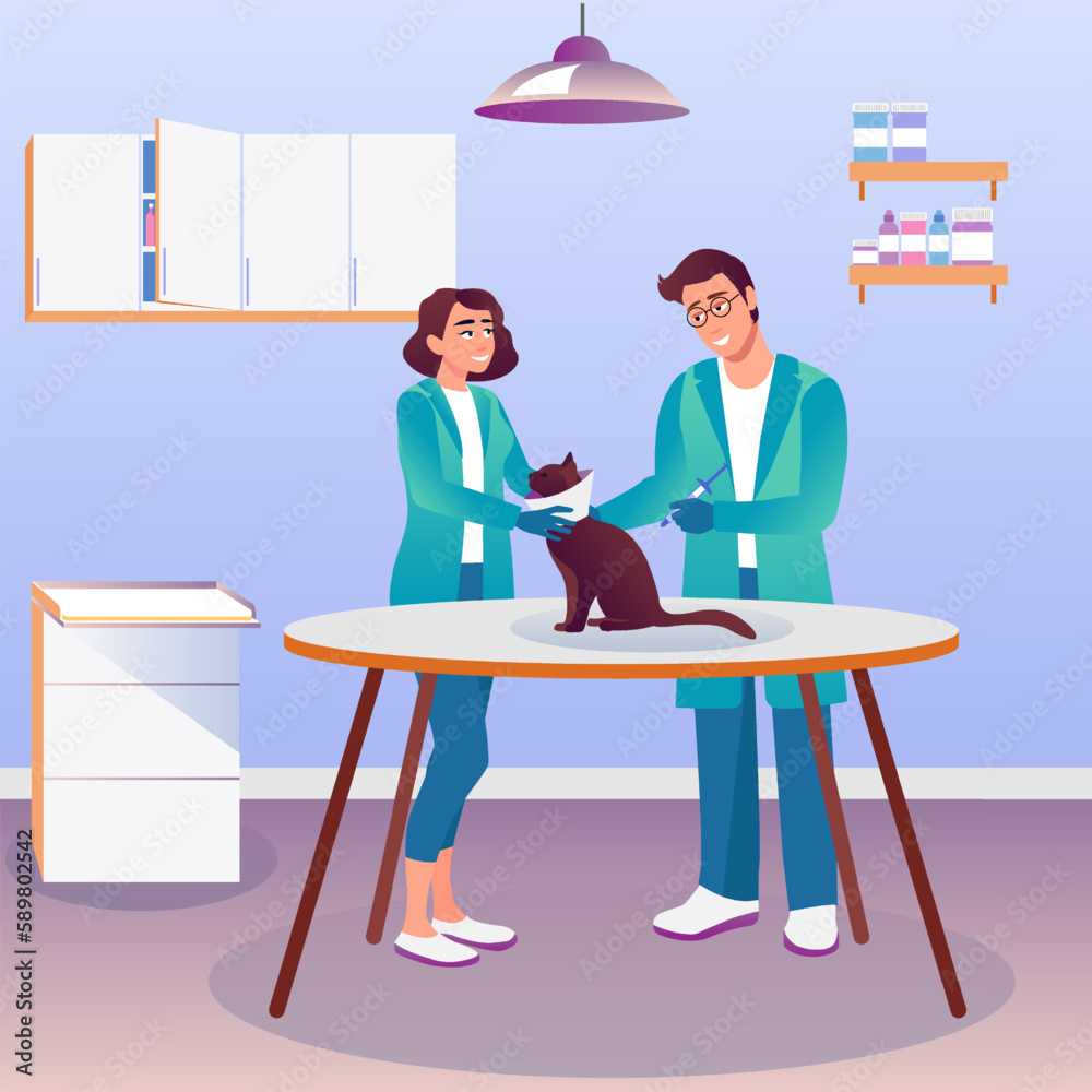 Cartoon characters of young veterinarians examining cat in recovery collar. Two doctors taking care of kitty in veterinary clinic. Healthcare services for domestic animals after rehabilitation. Vector
