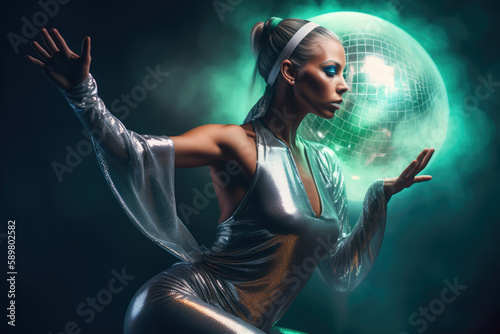 Beautiful blonde party girl dance in the dark night club,  a retro 1970s disco ball in the background with copy space, blue and green light, generative ai