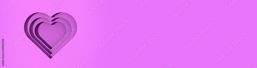 violet hearts with shadows. heart-shaped grooves with shadows. Valentine's Day. Horizontal image. 3D image. 3d rendering. Banner for insertion into site.
