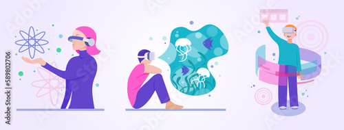 Set of different cartoon characters of young people using VR technologies. People wearing VR headsets and experiencing virtual reality simulation. Vector