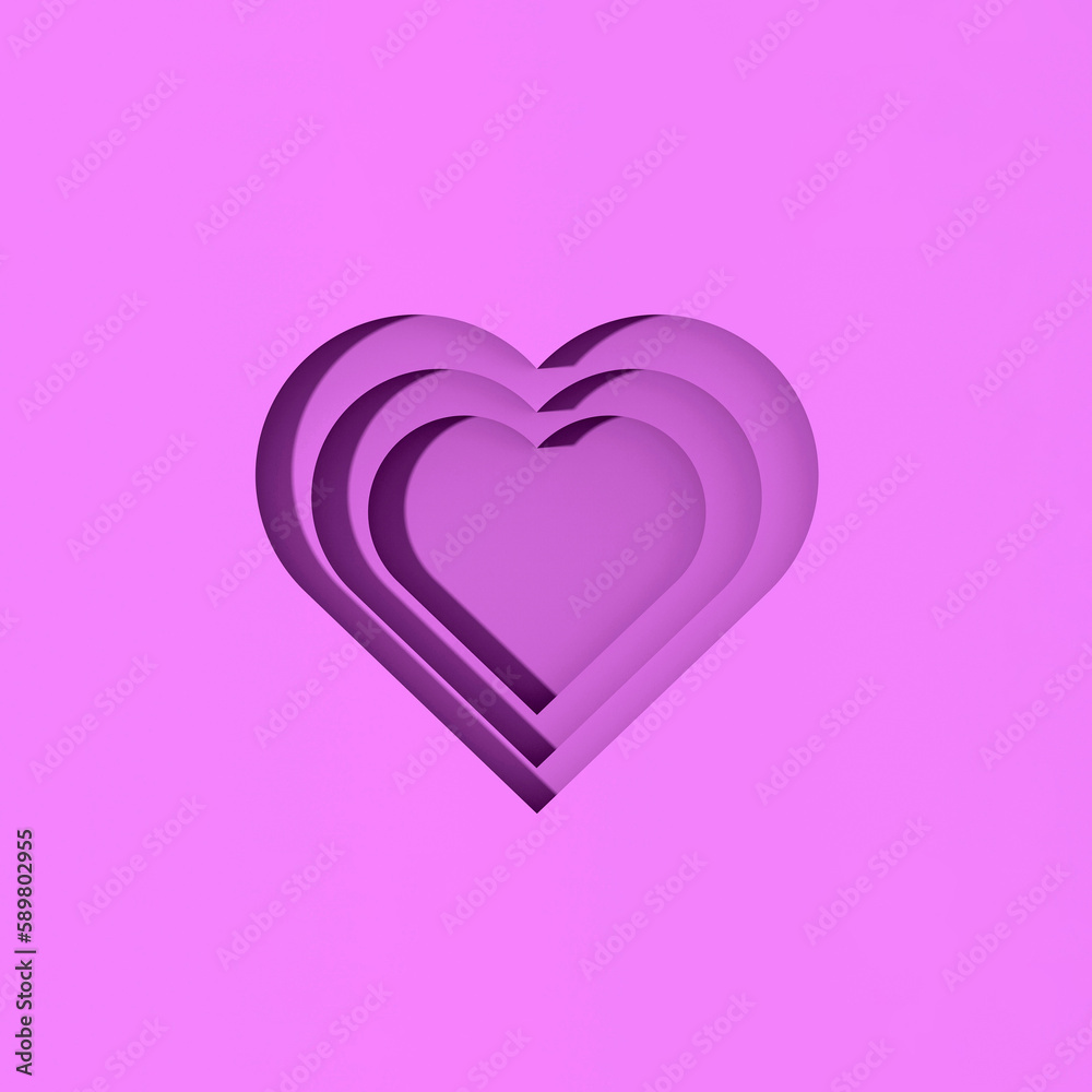 violet hearts with shadows. heart-shaped grooves with shadows. Valentine's Day. Square image. 3D image. 3d rendering.