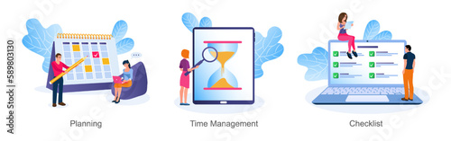 Set of cartoon characters planning their working schedule. Process of developing effective time management strategy. Time for making calendar schedule. Vector