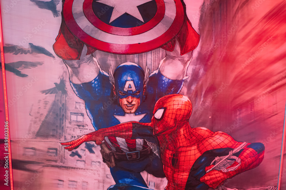 Naklejka premium Ternopil, Ukraine- March, 2023: Captain America with Spider Man poster in kids play room.