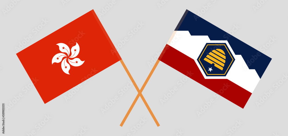 Crossed flags of Hong Kong and The State of Utah. Official colors. Correct proportion Crossed flags of Hong Kong and The State of Utah. Official colors. Correct proportion