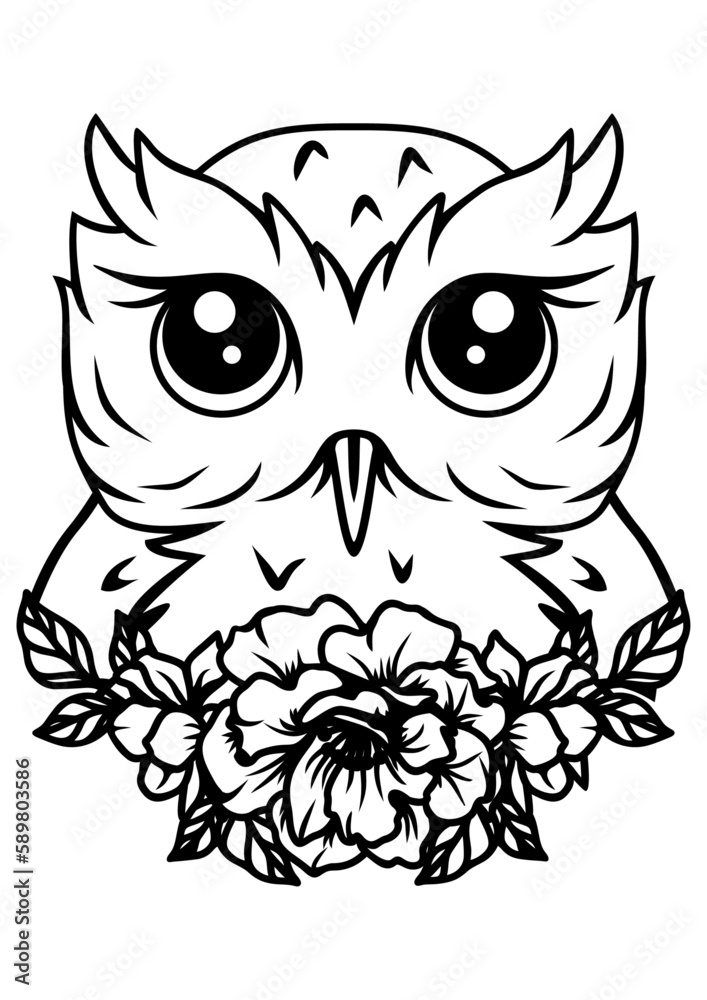 Owl with flowers, silhouette. Vector illustration