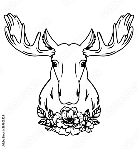 Moose face with flowers, silhouette. Vector illustration. 