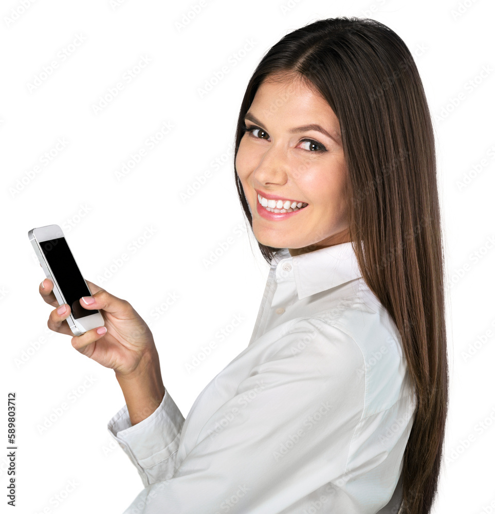 Portrait of a young businesswoman with phone on background Portrait of a young businesswoman with phone on background