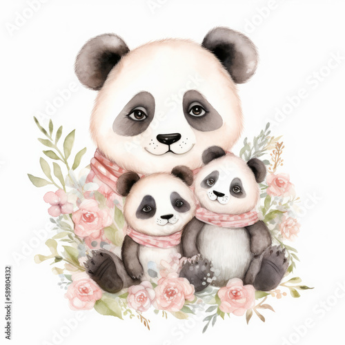 Cute watercolor panda family, Illustration AI Generative.