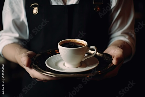 Barista in black apron standing handing cup of coffee close up