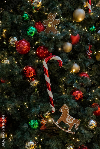 Christmas  decoration and orniments hang on christmas tree. photo