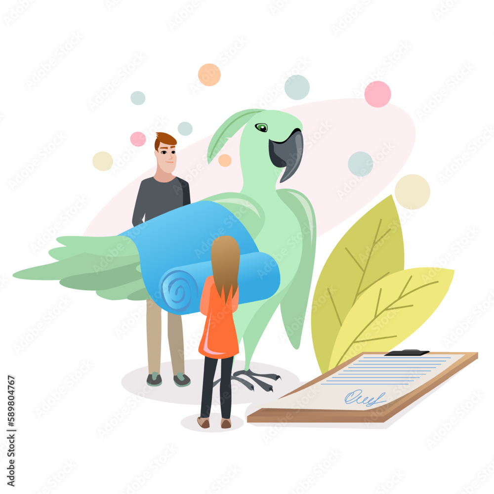 Cartoon character of female veterinarian making treatment of parrot. Vet doctor taking care of injured bird. Healthcare services for domestic animals. Vector
