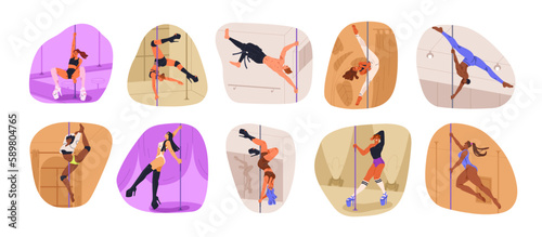 Pole dancers performing set. Young sexy women, men dancing erotic poledance, sport performance. Strong girls on heels, guys in flexible poses. Flat vector illustrations isolated on white background