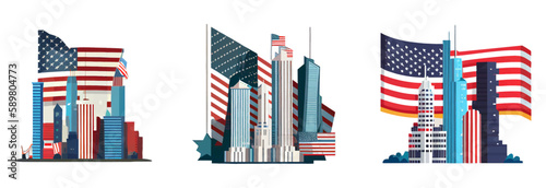 set vector illustration of city against of american flag isolate on white background