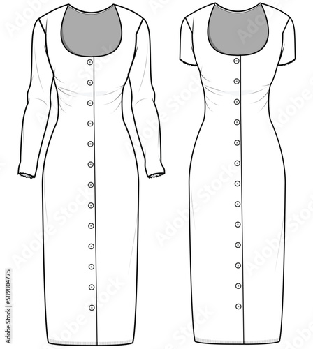 Button Down Bodycon Pencil Cut Tight Dress Fashion Illustration, Vector, CAD, Technical Drawing, Flat Drawing, Template, Mockup.