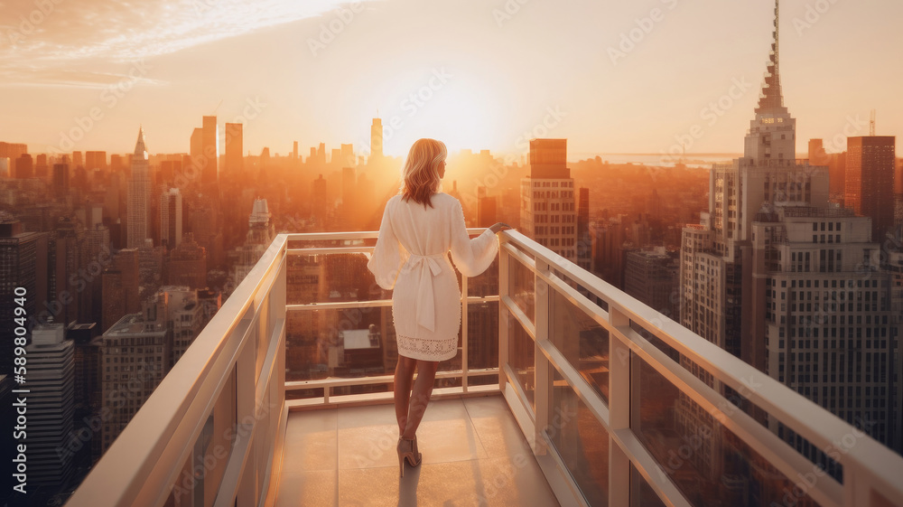 Girl on balcony, Sunset time. Illustration AI Generative.