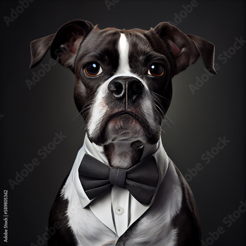 portrait of an elegant dog in a bow tie on a dark background