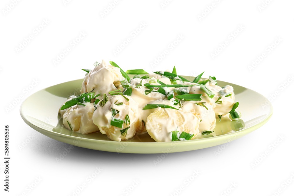 Plate of tasty Potato Salad with greens on white background Plate of tasty Potato Salad with greens on white background