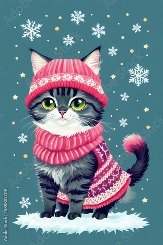An adorable cute cat character warmed up in winter clothes standing in nice hat and scarf ready to celebrate christmas created with generative ai  © fiermanmuch
