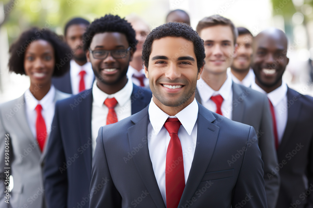 Portrait of a group of smiling business people standing in a row. selective focus, Generative AI