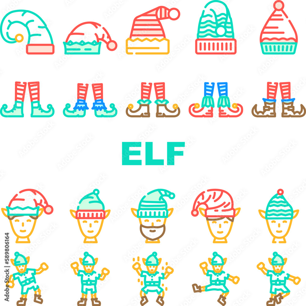 elf christmas cute xmas hat icons set vector