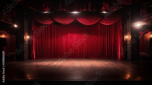 Theatre stage with red curtains. Illustration AI Generative.