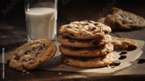 chocolate chip cookies and a glass of milk Generated AI